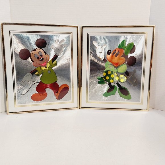Vtg 1986 The Walt Disney Mickey and Minnie Mouse Foil Art Print Framed 1… - Picture 1 of 6